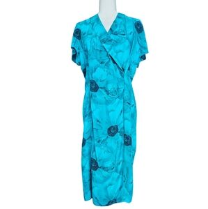 Equipage floral blue-green & black silk midi dress faux wrap drop sleeve size 12